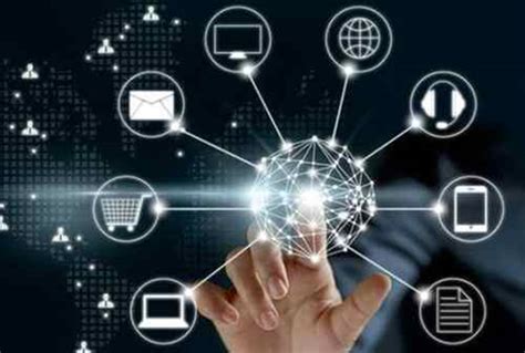 Digital hand interacting with a network of technology icons over a map background, signifying global communication and interconnected services.