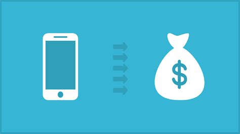 A smartphone icon with arrows pointing to a money bag icon, all in white against a blue background, symbolizing mobile monetization or earning money from a phone.