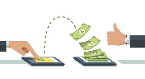 A graphic representation of mobile payment or income, showing money moving between two smartphones, ending with a positive confirmation.