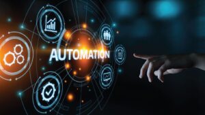 A visual metaphor for technological automation, displaying glowing icons and the word "AUTOMATION" being interacted with by a human hand.