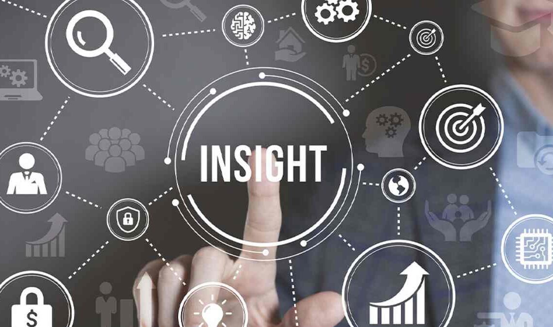 A conceptual image representing business insights, with a finger pointing to the central word surrounded by icons like a magnifying glass, target, and graphs.