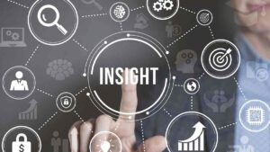 A conceptual image representing business insights, with a finger pointing to the central word surrounded by icons like a magnifying glass, target, and graphs.