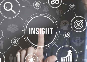 A conceptual image representing business insights, with a finger pointing to the central word surrounded by icons like a magnifying glass, target, and graphs.