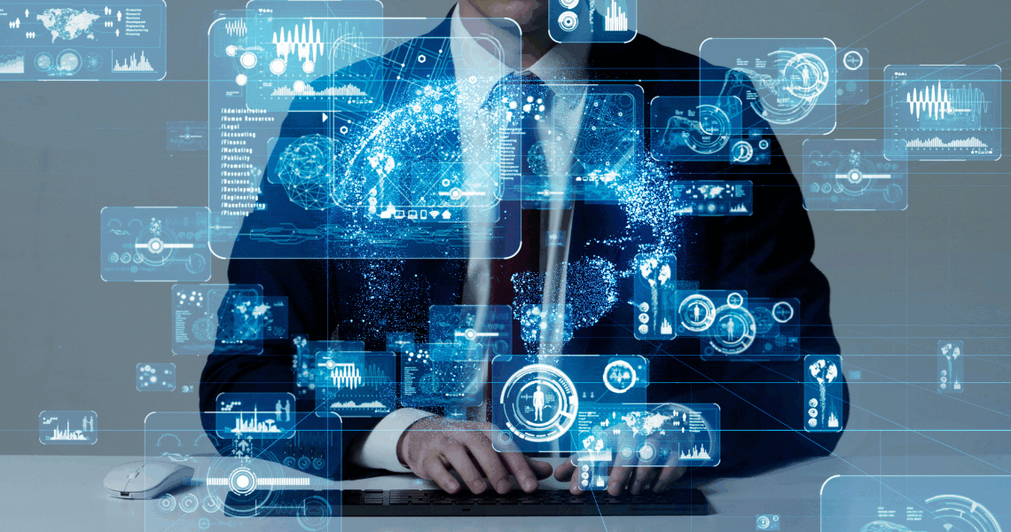 A person interacting with advanced technology, with a globe-like digital network and various data interfaces floating around them.