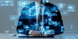 A person interacting with advanced technology, with a globe-like digital network and various data interfaces floating around them.