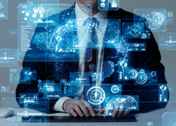 A person interacting with advanced technology, with a globe-like digital network and various data interfaces floating around them.