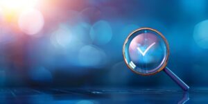A concept of review or audit, depicted by a magnifying glass over a green checkmark, surrounded by a luminous, abstract backdrop.