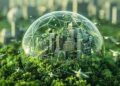 A conceptual image of global connectivity and digital interaction, where hands are at the base of light streams that connect to a sphere and then branch out to different service icons.