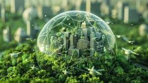 A conceptual image of global connectivity and digital interaction, where hands are at the base of light streams that connect to a sphere and then branch out to different service icons.