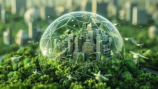 A conceptual image of global connectivity and digital interaction, where hands are at the base of light streams that connect to a sphere and then branch out to different service icons.