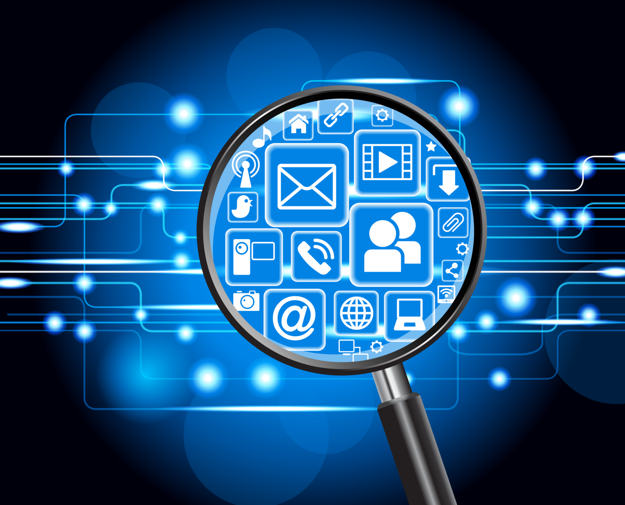 A digital concept of a magnifying glass examining a wide range of interconnected online service icons, suggesting search or analysis of digital content.